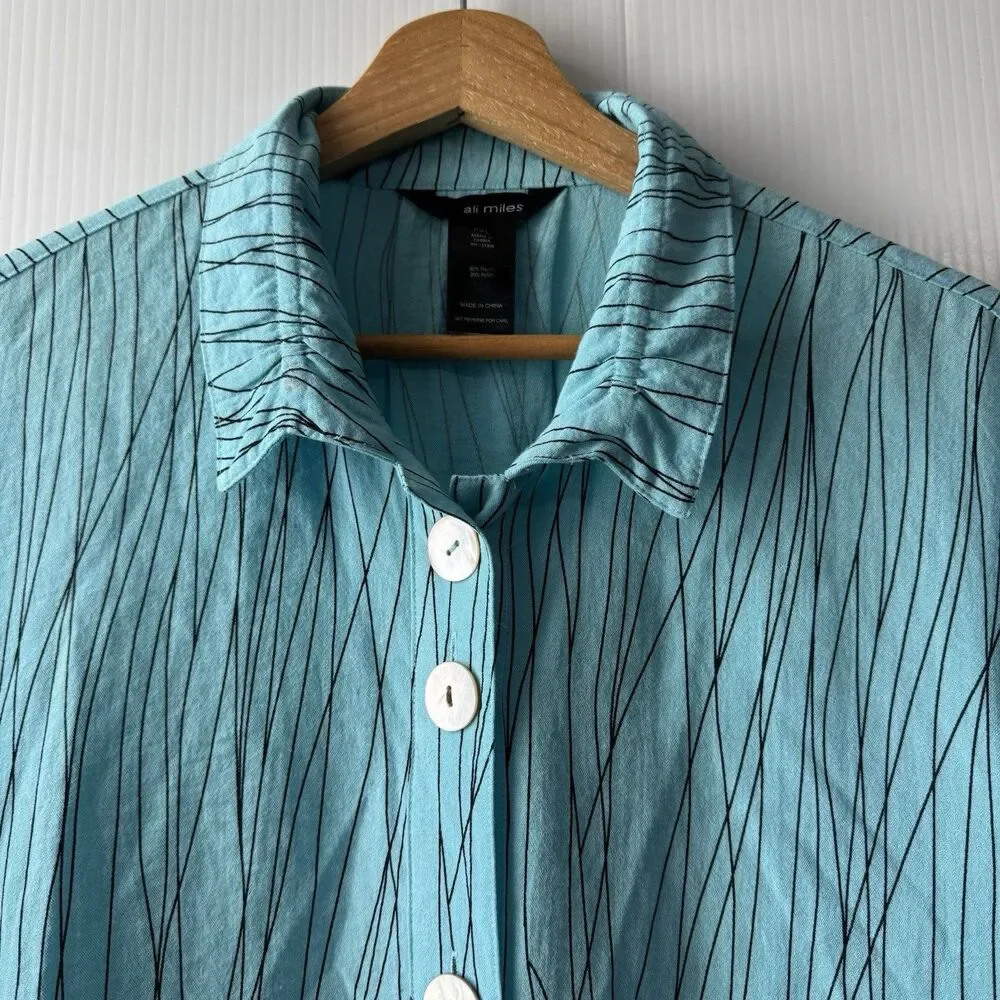 Ali Miles PXL Women’s Turquoise Abstract Stripe Button Front 3/4 Sleeve Blouse